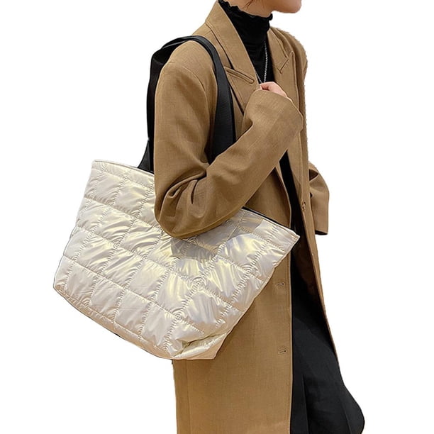Bolso De Plumón Para Mujer De Otoño E Invierno, Bolsos De Un Solo Hombro De Color Sólido, Bolso De Celosía Rombal De Gran Capacidad sonducket AP006309-02
