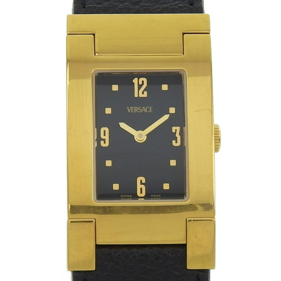 Pre-Owned Versace VERSACE ALQ90 Rectangular Black Dial GP/Leather Quartz Watch Battery Women's