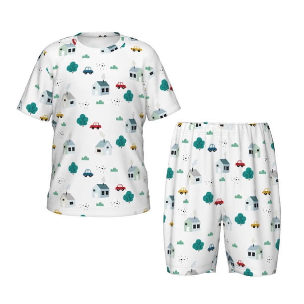 Fotbe Cartoon House Car Pijama Estampada de 2 Piezas para Niños – Ropa de Dormir de Manga Corta Cómoda para Niños y Niñas, Camiseta y Shorts de Algodón-XX-Large