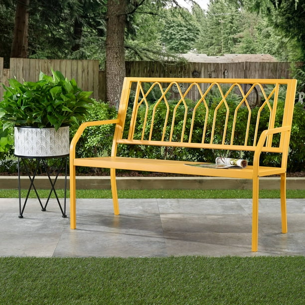 Yellow metal outdoor bench
