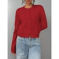 thumbnail image 5 of Women'S Button Down Long Sleeve Crewneck Crop Cardigan Sweater Cute Knitwear Clothes Red L, 5 of 7