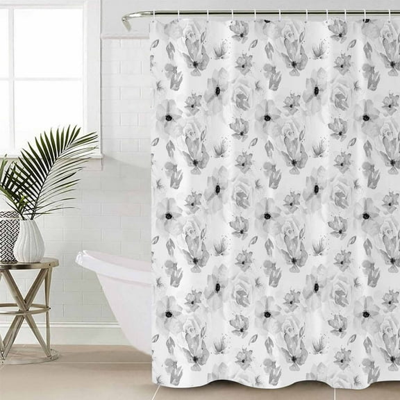 Gray Spring Floral Waterproof Fabric Shower Curtain, Summer Botanical Floral Watercolor Shower Curtain for Bathroom Curtains Bathtubs Hotel Washable Shower Curtains with 12 Hooks Small 36x72in