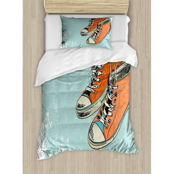 Modern Duvet Cover Set Twin Size, Old Fashioned Punk Sports Shoes with Murky Grunge Effects Youth Graphic Art, Decorative 2 Piece Bedding Set with 1 Pillow Sham, Orange Pale Blue, by Ambesonne