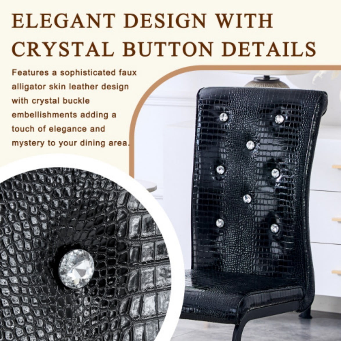 Set of 4 Retro Dining Chairs, Faux Alligator Leather Upholstered Chairs with Crystal Button Details & Metal Bow Legs, 400 LBS, Black & Black