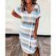 thumbnail image 2 of Vestido largo con lado dividido Manga corta Cuello en V Casual Dobladillo curvo suelto Vestido largo estampado a rayas para mujer Azul Gris M, 2 of 4