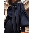 thumbnail image 2 of Women'S Tie Design Denim Button High Neck Jacket with Elastic and Puff Sleeves Navy Blue M, 2 of 5
