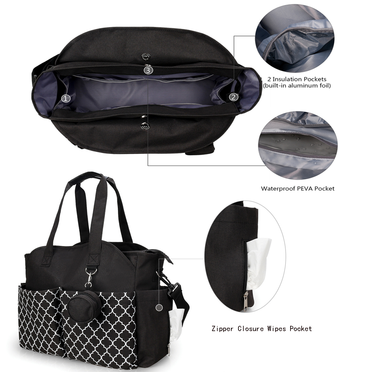 MOMIGO Water Resistant Lantern Multi-Function Diaper Bag Tote with Changing Station, Black