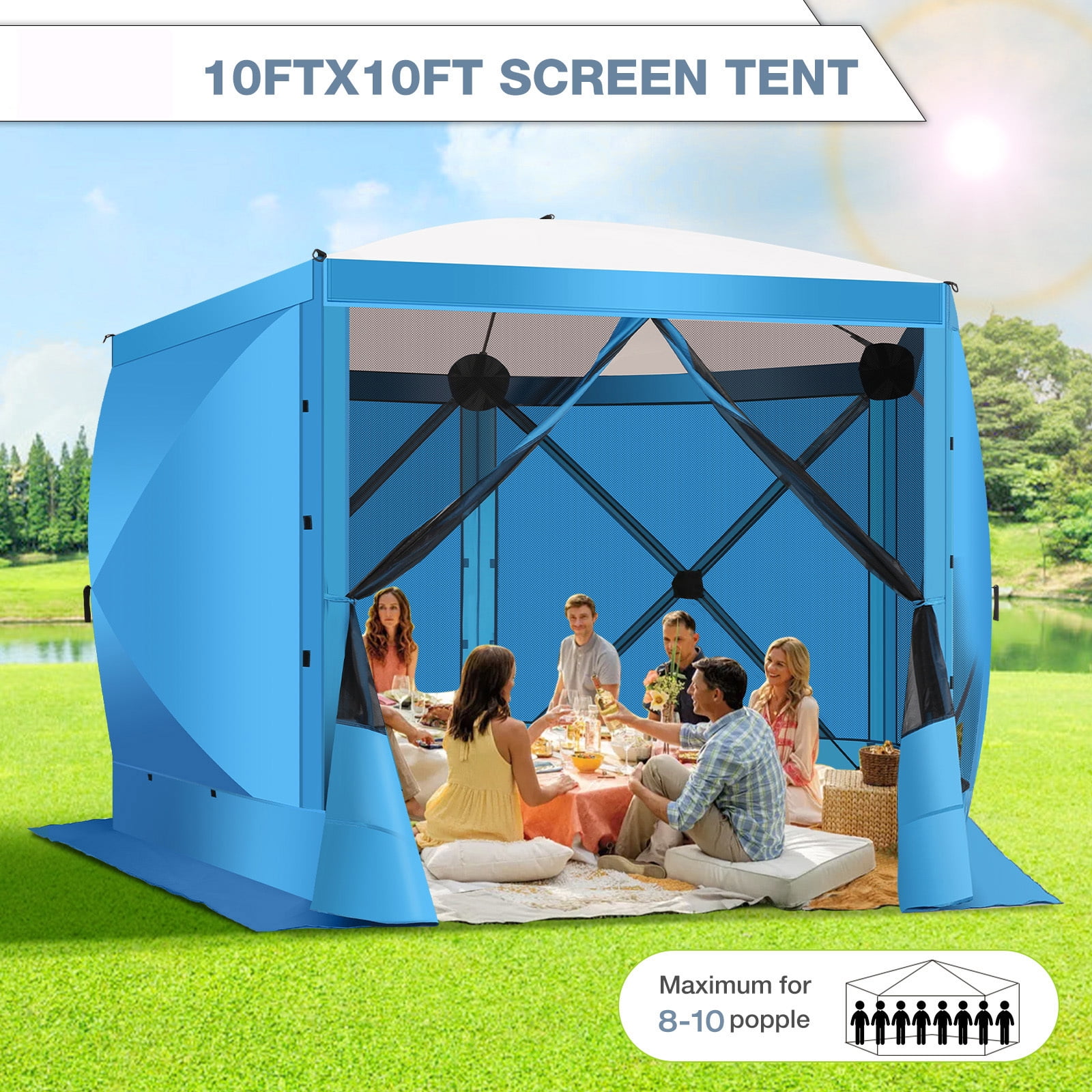 HOTEEL 10x10ft Camping Gazebo Screen Tent, 5 Sided Pop-up Canopy Shelter with Mesh Windows, Portable Carry Bag, Stakes, Waterproof, UV 50+, Large Shade Tents for Outdoor Camping, Backyard, Blue