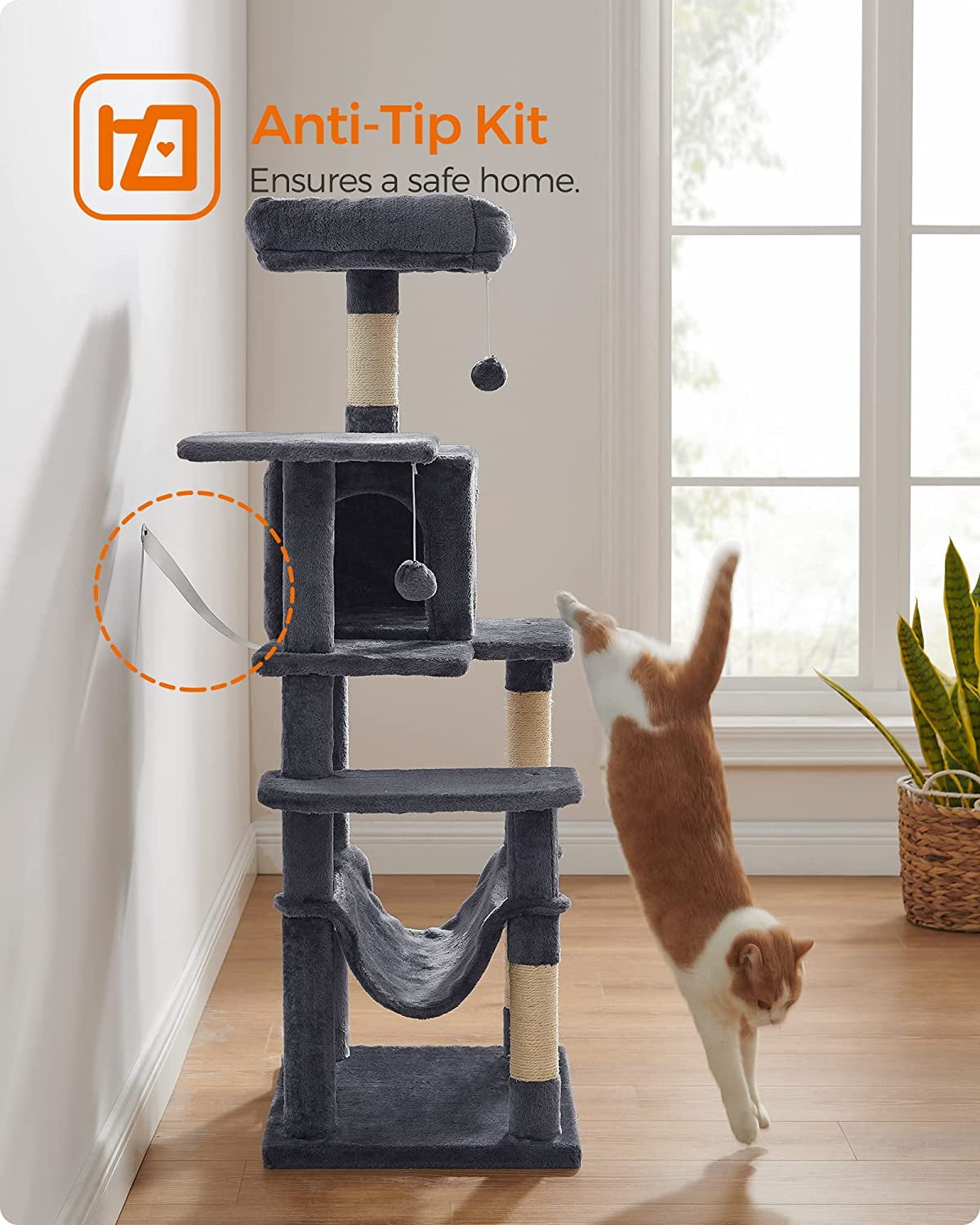 56.3'' Cat Tree Tower for Indoor Cats ,Multi-Level Cat Condo Cat Furniture with Scratching Posts, Perches, Hammock, Cave ,Smoky Gray