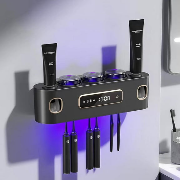 Toothbrush Holder for Bathrooms, Toothbrush Holders and 2 Toothpaste Dispenser with Smart Drying and Cleaning, Toothbrush Holder Wall-Mounted with 3 Cups 6 Toothbrush Slots (Gray)