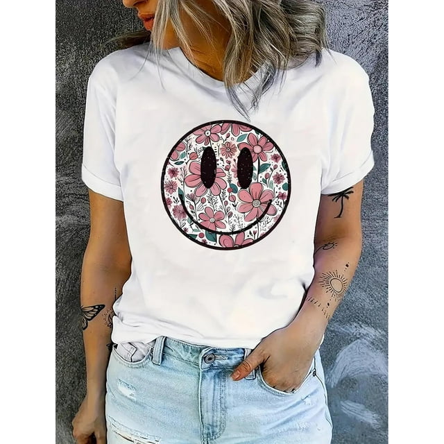 playera corta sin mangas para mujerGraphic Print Crew Neck T-Shirt, Casual Short Sleeve T-Shirt For Spring & Summer, Women's ClothingFather's Day, Mother's Day, New Year, Spring Festival, Valentine'