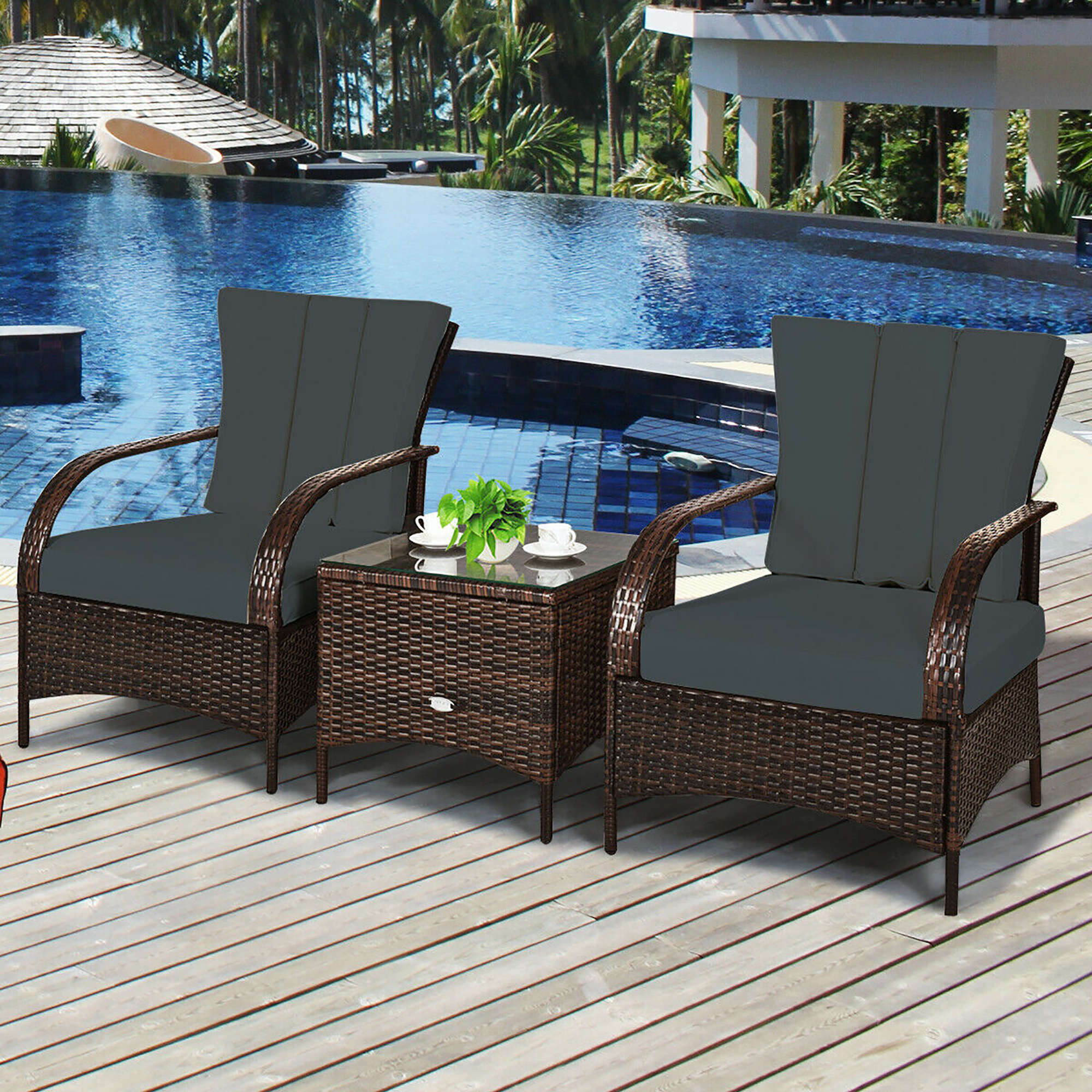 Costway 3 PCS Patio Rattan Furniture Set Coffee Table & 2 Rattan Chair W/Gray Cushions - image 5 of 10