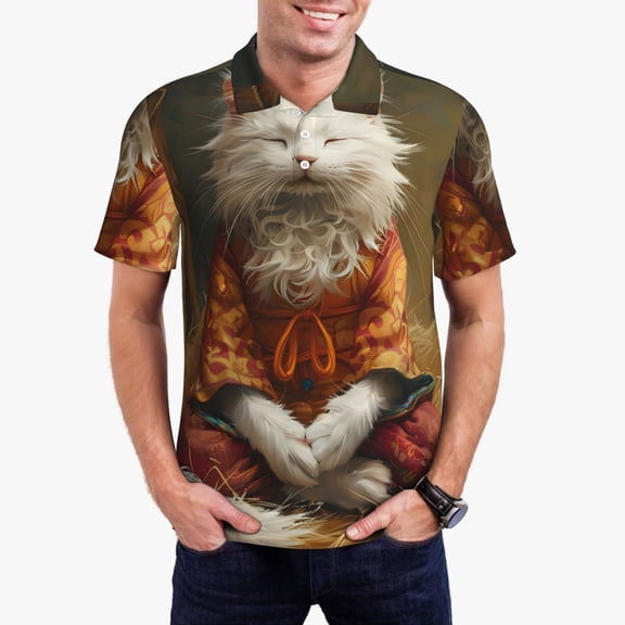 Kdxio Haystack Meditating Cat Print Men's Short Sleeve Polo Shirt,Midweight Men's Shirt