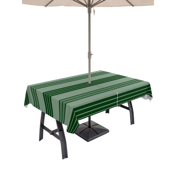 52x70 Inch Outdoor Tablecloth with Umbrella Hole Zipper Rectangle Vintage Minimalist Styles Rectangular Tablecloths Waterproof Simple Striped Lines Art Green Patio Table Cloth Cover for Picnic