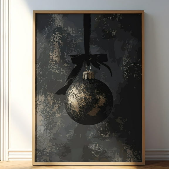 Zuno Gold And Black Christmas Ornament Art Print: Minimalist Xmas Decor- Wall Art Print, 16x24 UNFRAMED