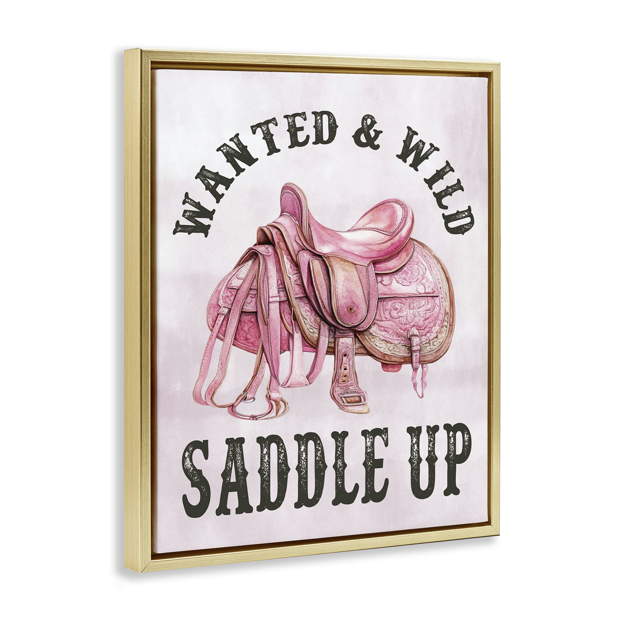 Stupell Industries Pink Saddle Up Cowgirl Text & Numbers Painting Gold Floater Framed Canvas Art Print Wall Art, 17 x 21