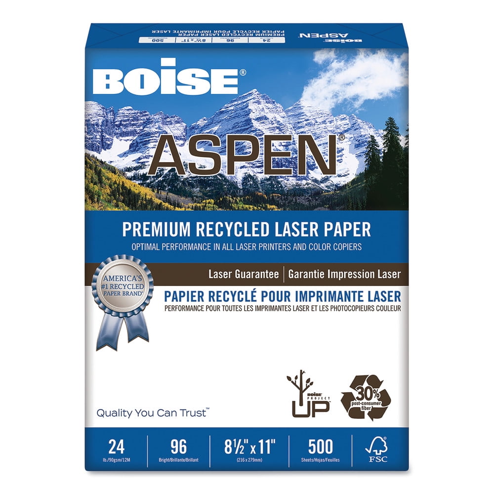 BOISE ASPEN 30% Recycled Laser Paper, 8.5' x 11' Letter, 96 Bright White, 24 lb., 1 Ream (500 Sheets)