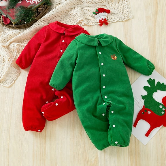 Lovskoo Infant Baby Boy Girl Clothes My First Christmas Corduroy Thin Cotton Jumpsuit Warm Climbing Clothes Long Sleeve Onesie Green