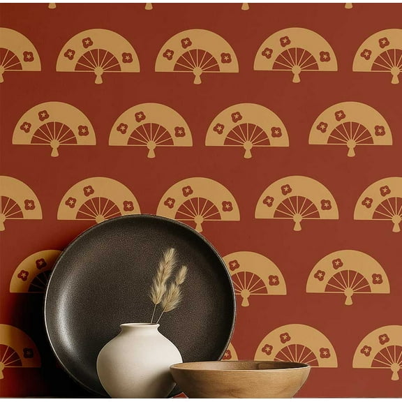 S4Sassy Peel & Stick Vinyl Wallpaper, Japanese Fan Print Wall Paper Contact Paper Waterproof- Brown, 25"X120", Plain Finish, Removable Asian Style Covering For Home Decor In Bedrooms & Living Areas