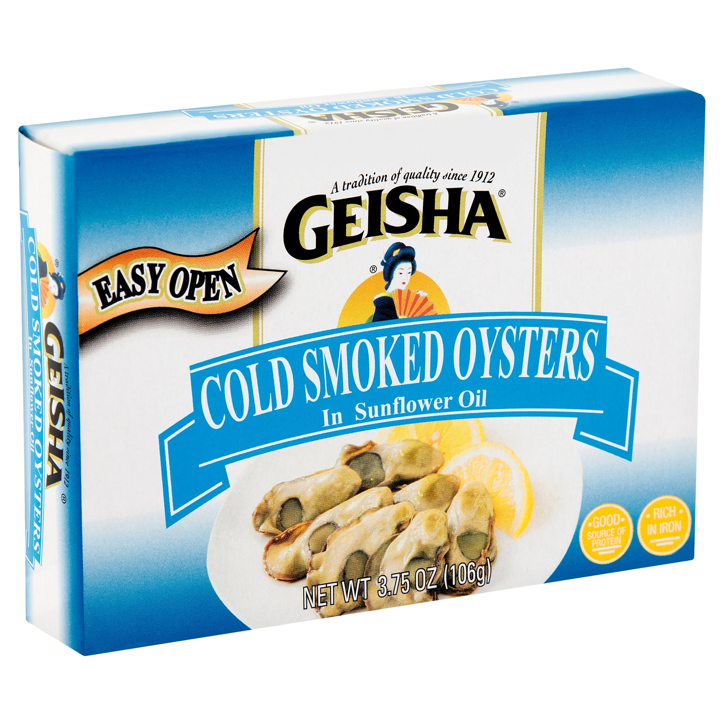Geisha Cold Smoked Oysters, In Sunflower oil, 3.75 Oz (106g), Ready to Eat in an Easy Open Can