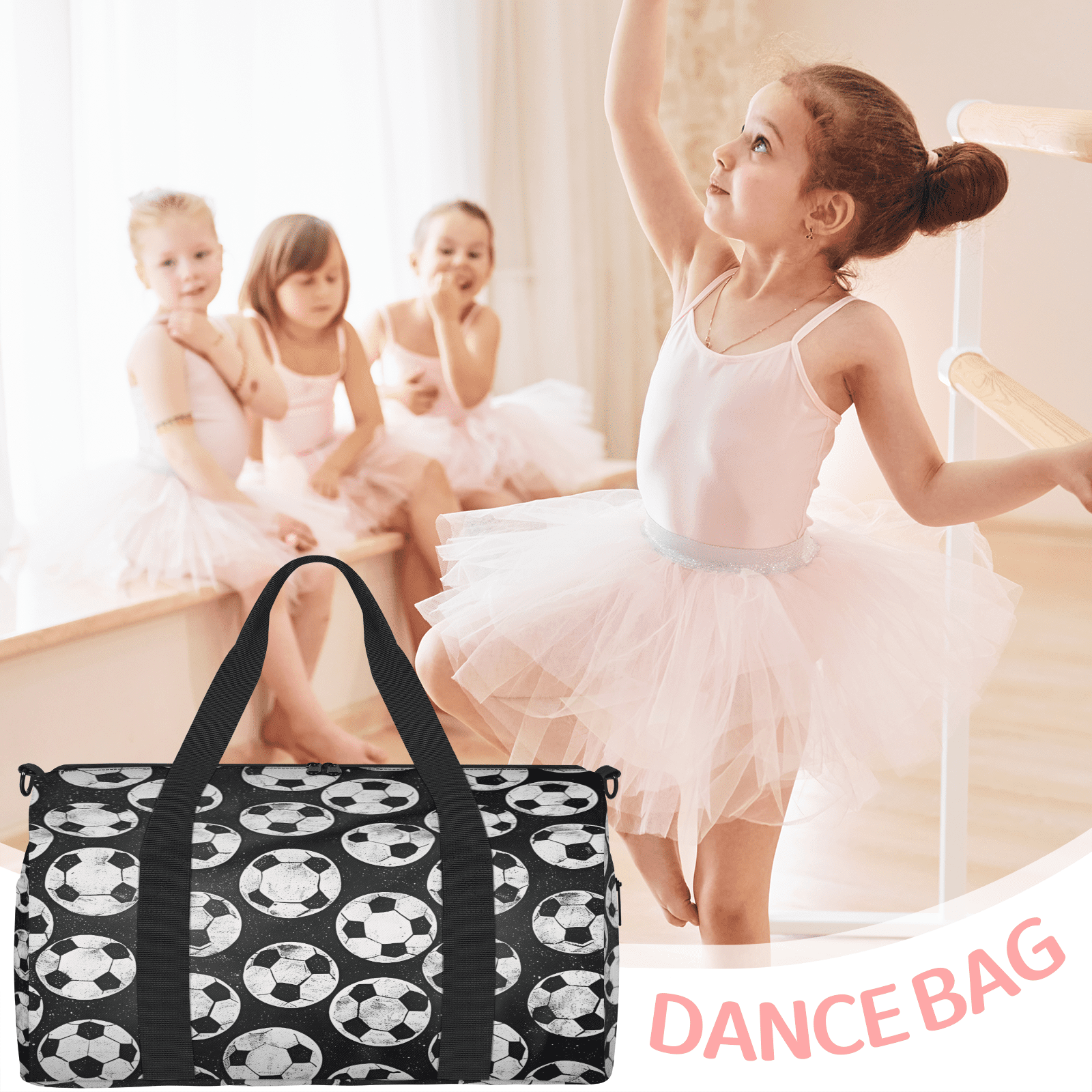 Herdesigns Black And White Soccer Ball Travel Duffle Bag Sports Yoga Weekender Overnight Carry on Workout Bags Lightweight Waterproof Gym Tote Bag for Women