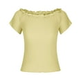 thumbnail image 4 of Diufon Tops for Women Summer Casual Solid Color Ruffle Tees off Shoulder Short Sleeve Blouses, 4 of 7