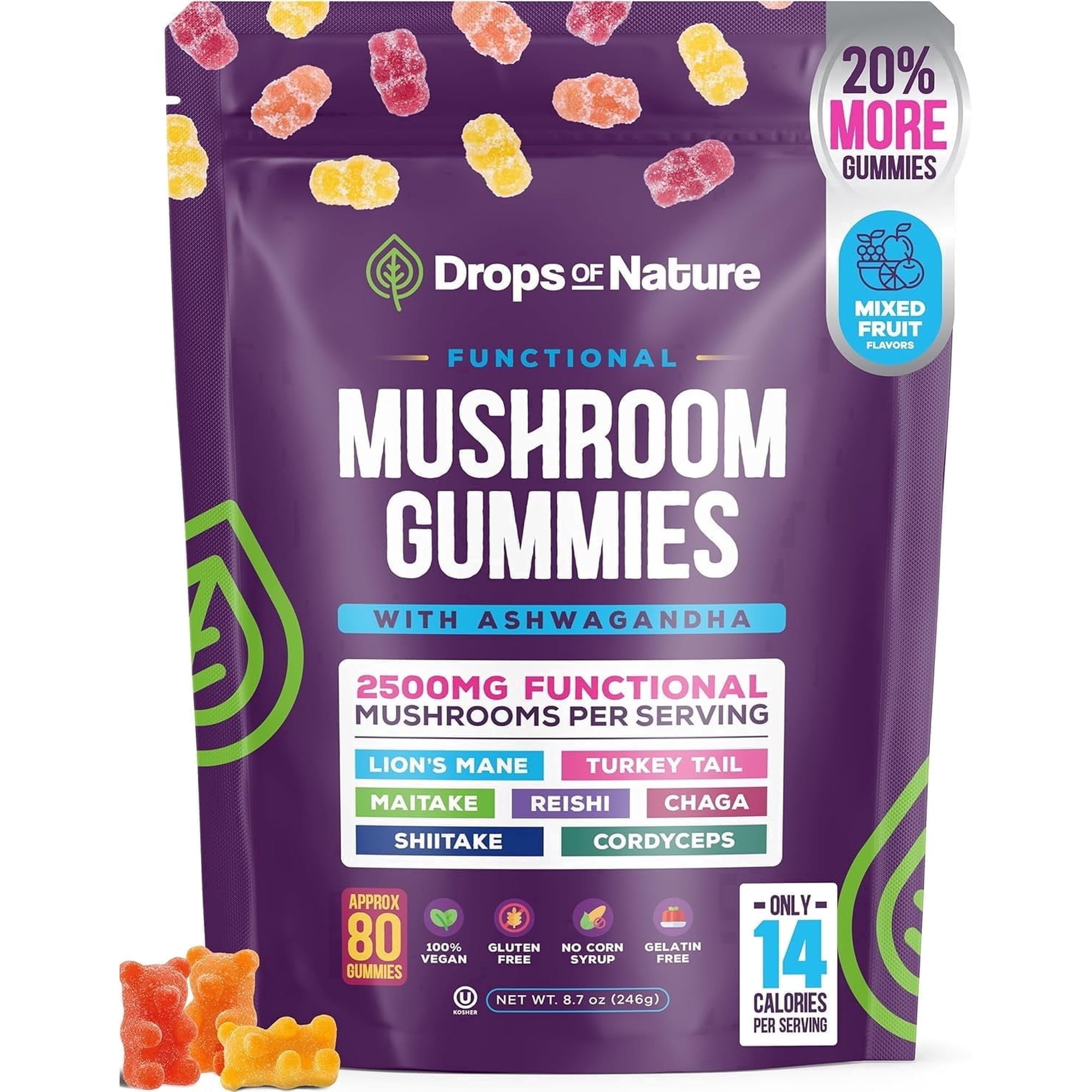 Drops of Nature Mushroom Gummies with Lion's Mane & Ashwagandha, Unisex, Mushroom Supplement, 80 Ct