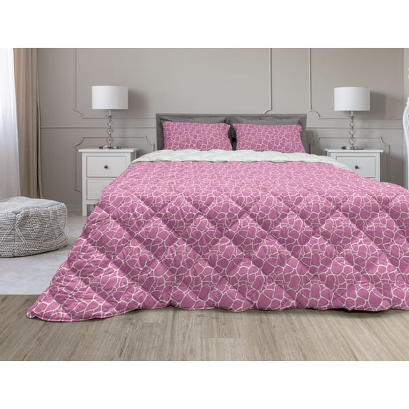 Hot Pink Comforter & Sham Bedding Set, Abstract Giraffe Skin Pattern Colorful Exotic Animal Camouflage Savannah Jungle, 3 pcs Duvet Set Microfiber Filling Quilt, 5 Sizes, White Pink, by Ambesonne