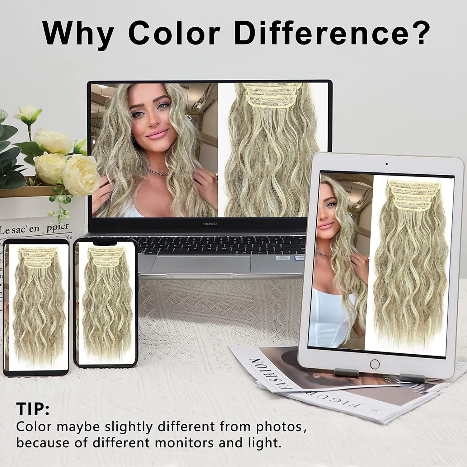 Clip in Long Wavy Synthetic Hair Extension 20 Inch Medium Ash Blonde 4PCS Thick Hairpieces Fiber Double Weft Hair for Women