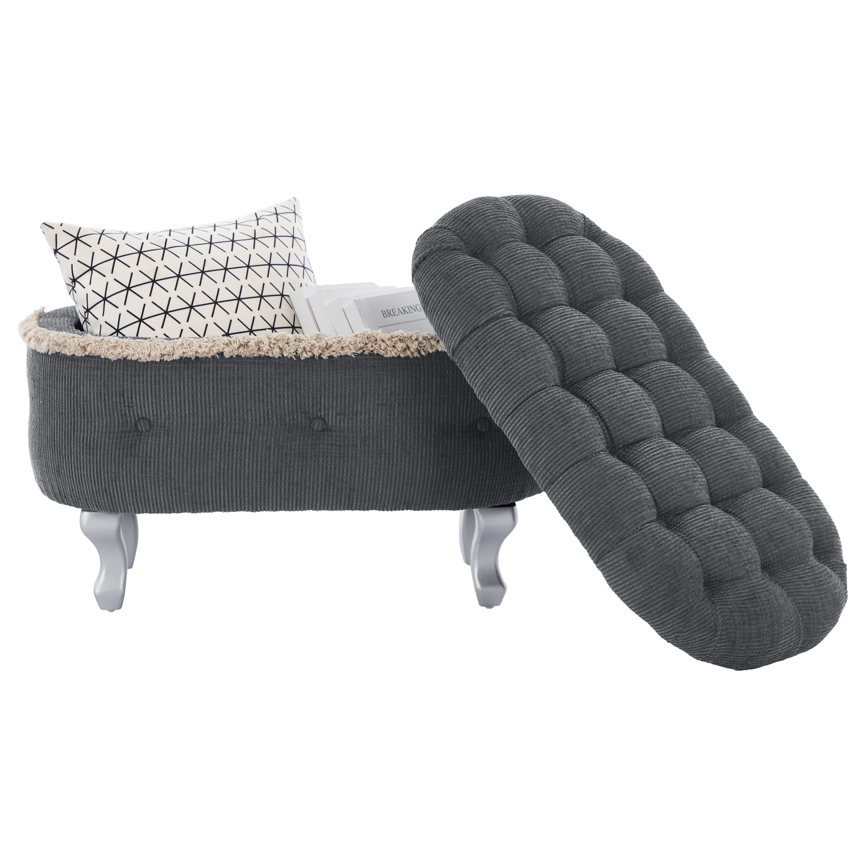 Storage Ottoman Bench with Tufted Design and Tassel Fringe, Multi-Functional Bench for Bedroom Footboard, Entryway Shoe Storage, or Window Seat, High-Density Foam, Grey (29.5"L)