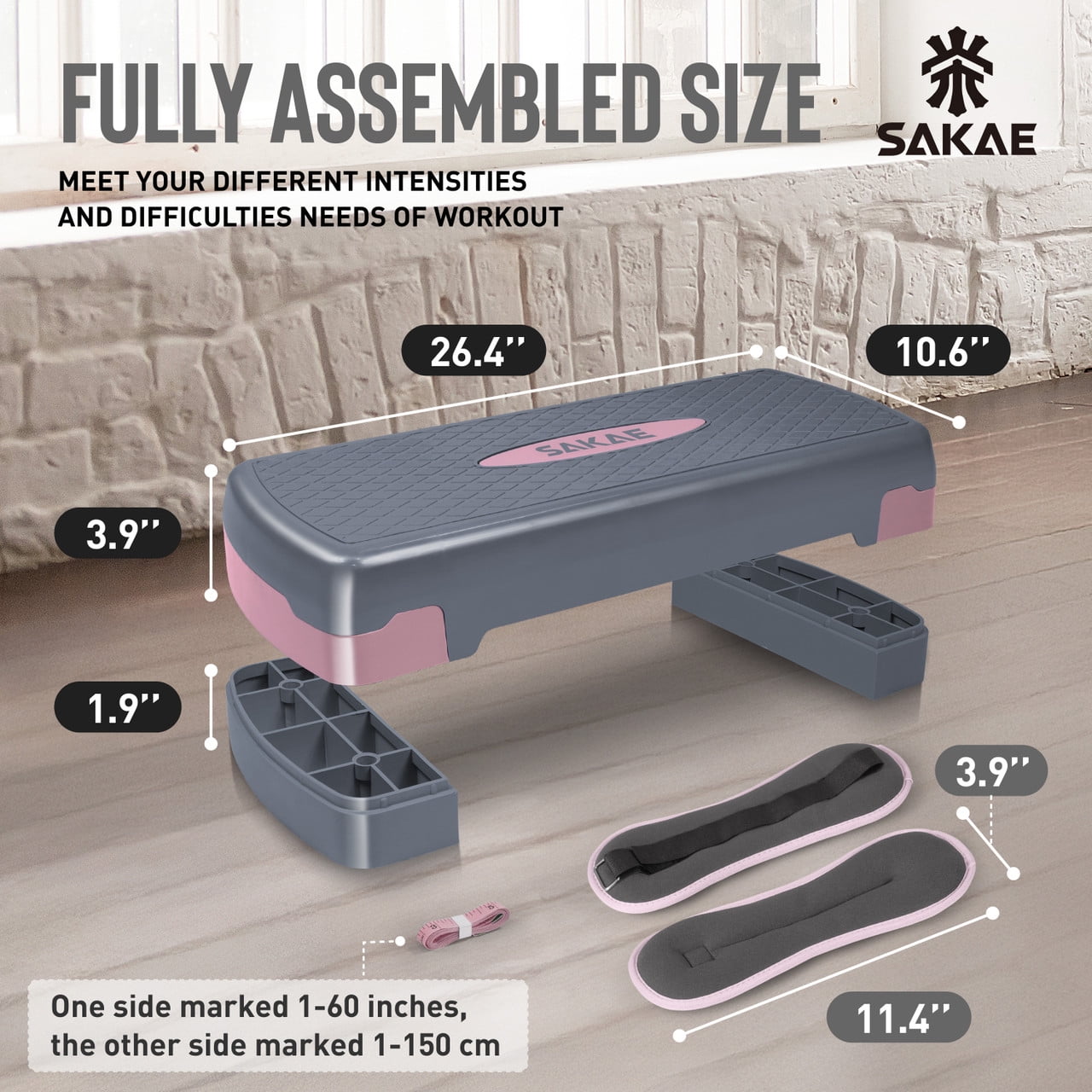 SAKAE Pink Exercise Step Platform Set with Ankle Weights & Measuring Tape, Adjustable Height 2 Level Risers Workout Step Trainer, Aerobic Steppers for Home Gym Exercise Fitness Workout