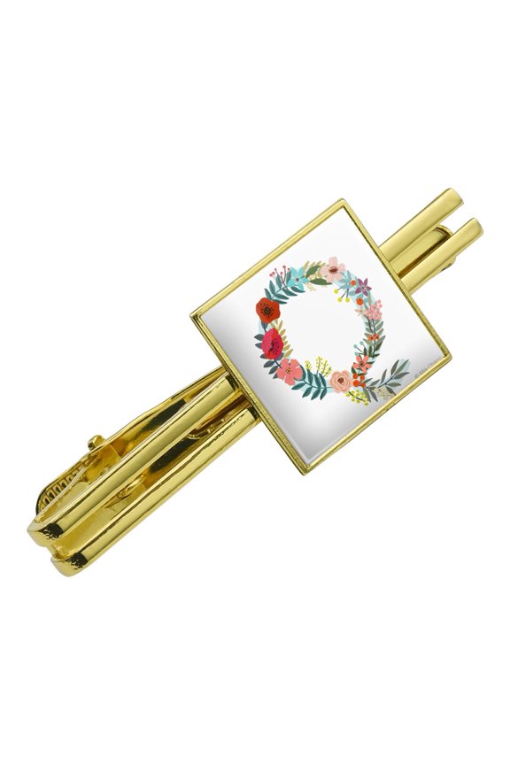 Letter Q Floral Monogram Initial Square Tie Bar Clip Clasp Tack- Silver or Gold