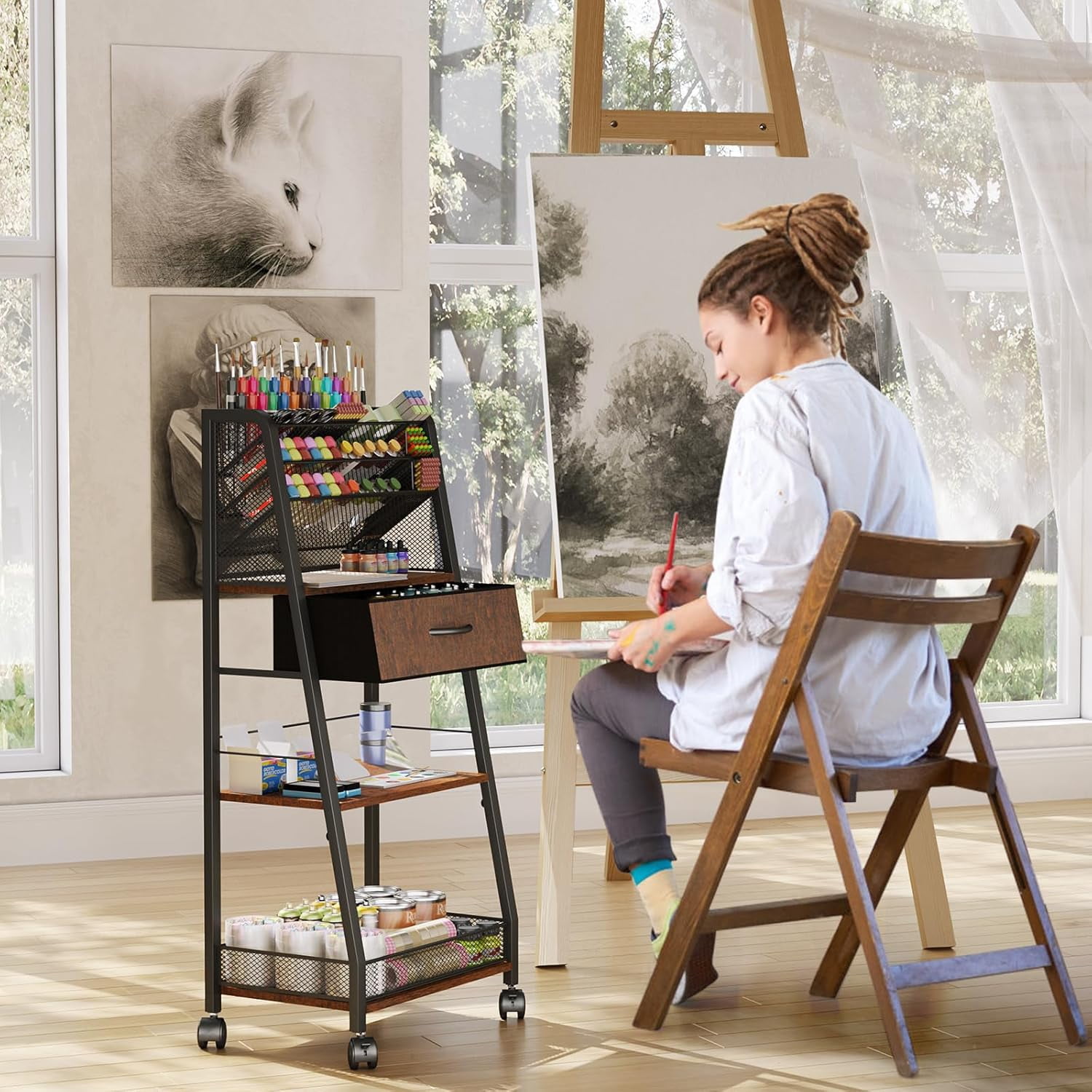 3 Tier Rolling Cart - Metal Utility Cart with Storage Drawer and Wheels, Versatile Art & Craft Organizer for Home, Office, or Studio - Ideal for Storing Brushes, Paints, and Supplies