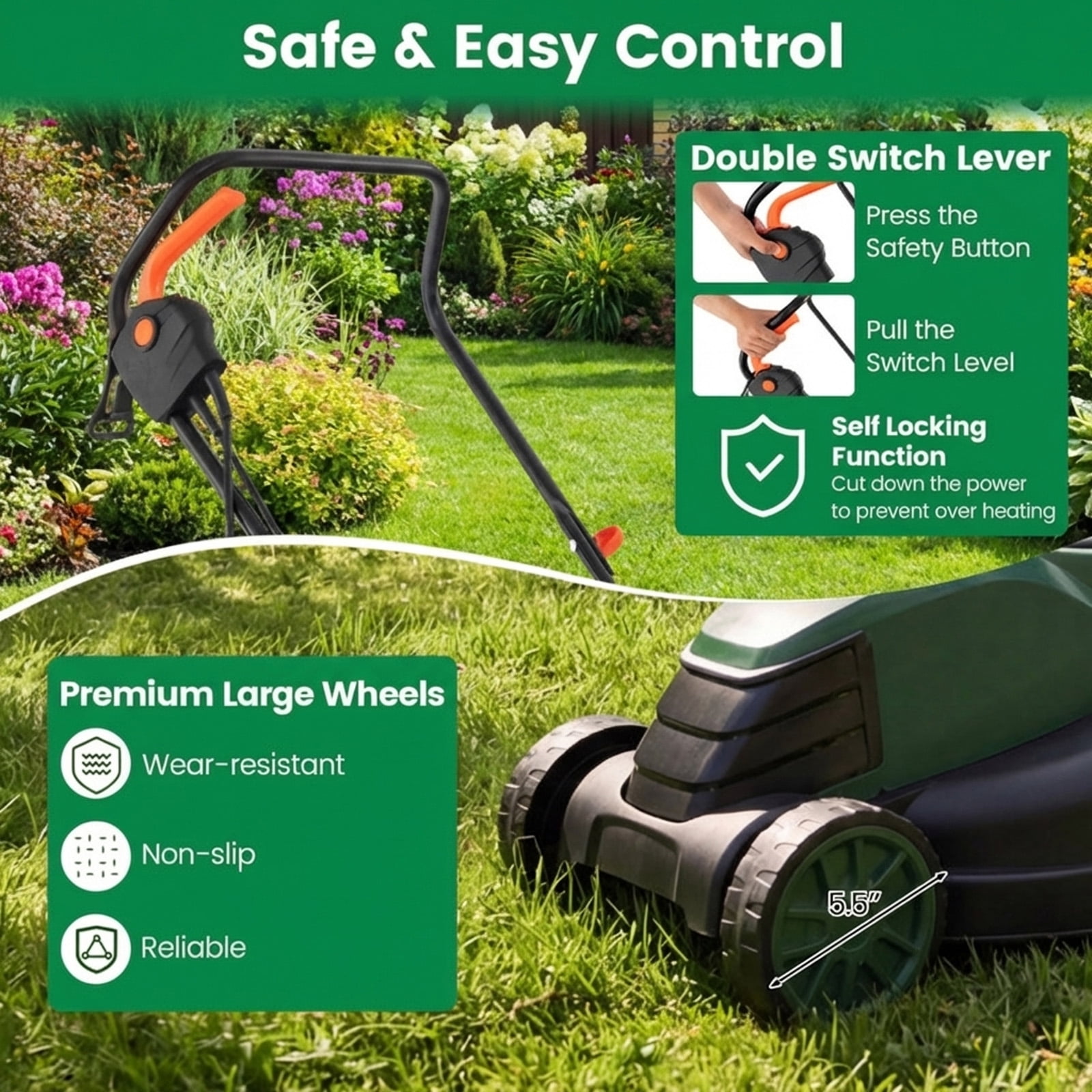 Biotree 12-AMP 13.5 Inch Adjustable Electric Corded Lawn Mower with Collection Box-Green - Outdoor Electric Lawn Yard Care Tool