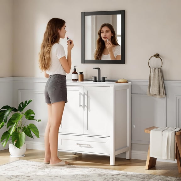 30” Modern Bathroom Vanity Set, Freestanding Cabinet with Ceramic Single Basin, Drawer & Soft-Close Doors, Easy-Assembly Space-Saving Natural Wood Finish Bathroom Storage