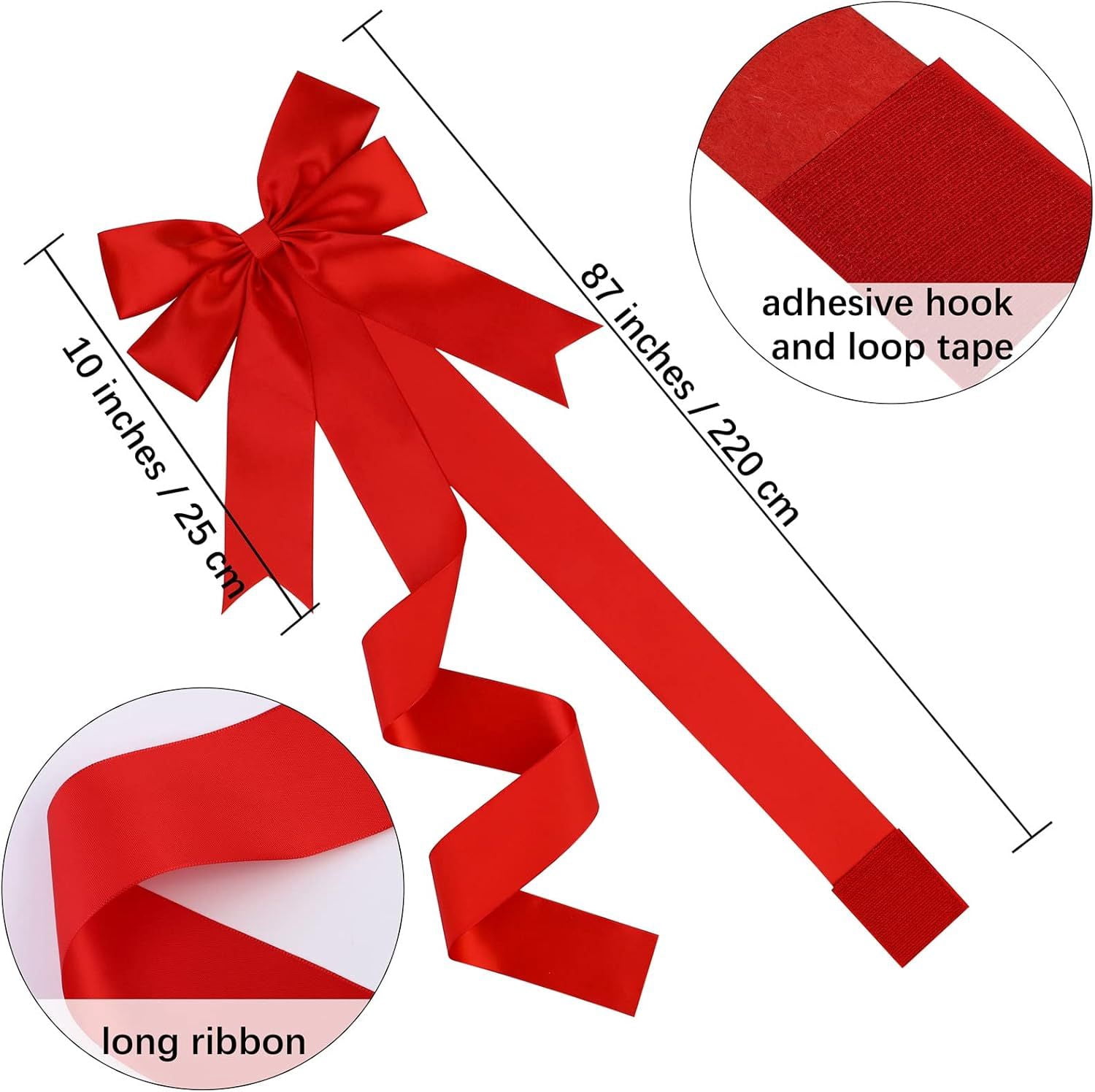 6 Pieces Christmas Door Cabinet Bows Large Christmas Red Ribbons Cabinet Door Bows for Christmas Festive Party Supplies, 10 x 87 Inches