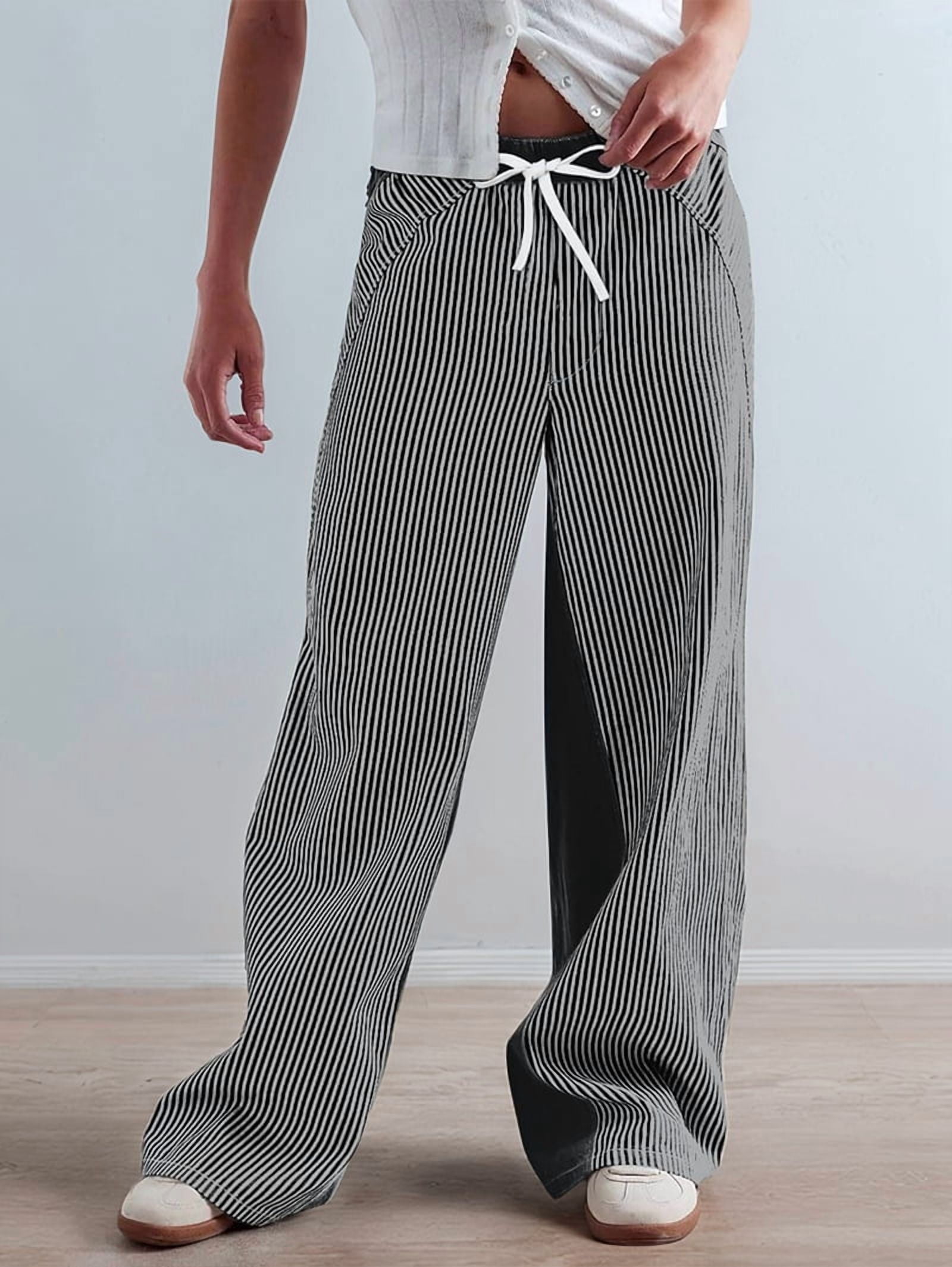 Low Rise Striped Pants for Women Pull on Drawstring Boho Wide Leg Jeans Trendy 2025 Black XL - image 5