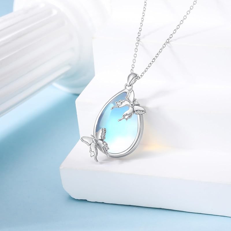 SISGEM Natural Moonstone Butterfly Pendant Necklace for Women 925 Sterling Silver Moonstone Gemstone Jewelry for Her