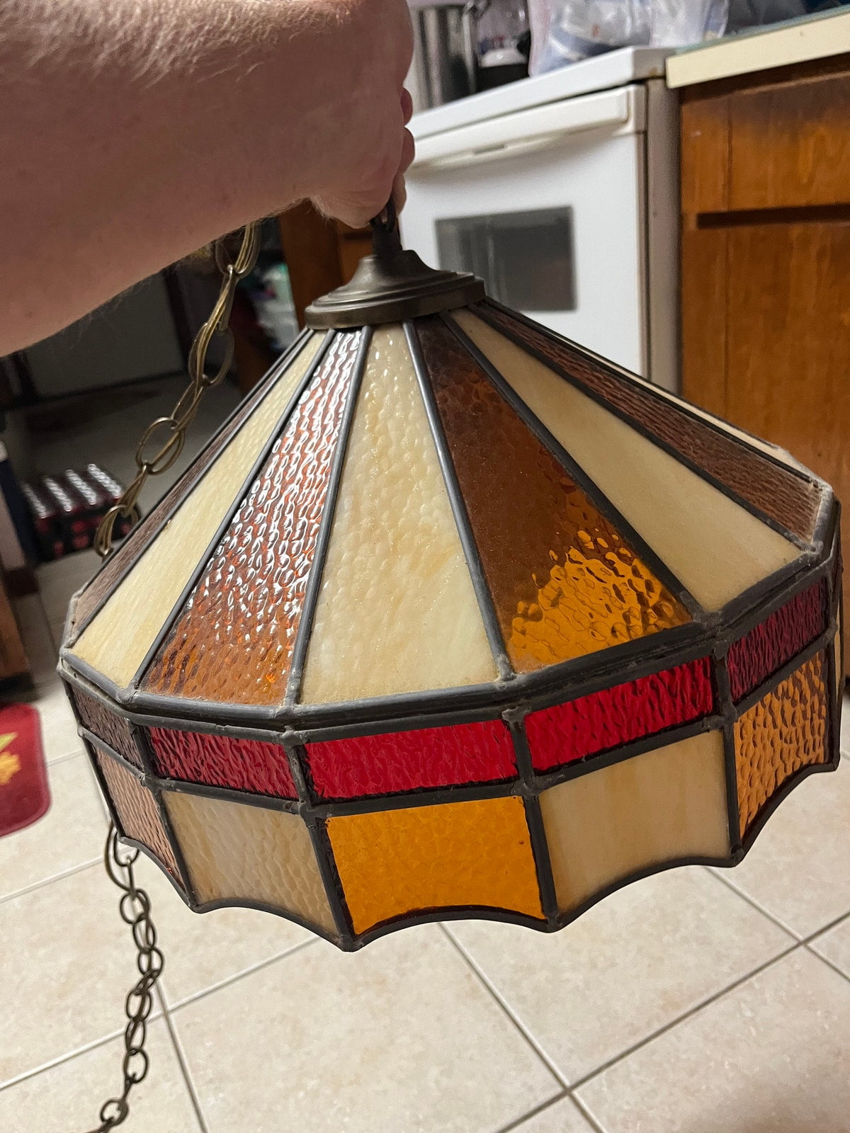 Complete Antique leaded stained glass hanging lamp with 6 foot chain.  Caramel brown red and white swirled with no flaws. 