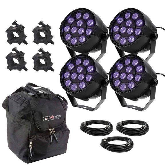 (4) Eliminator Mini Par UV LED 12x 1 Watt UV LED Par Lights with Protective Lighting / Utility Case Package