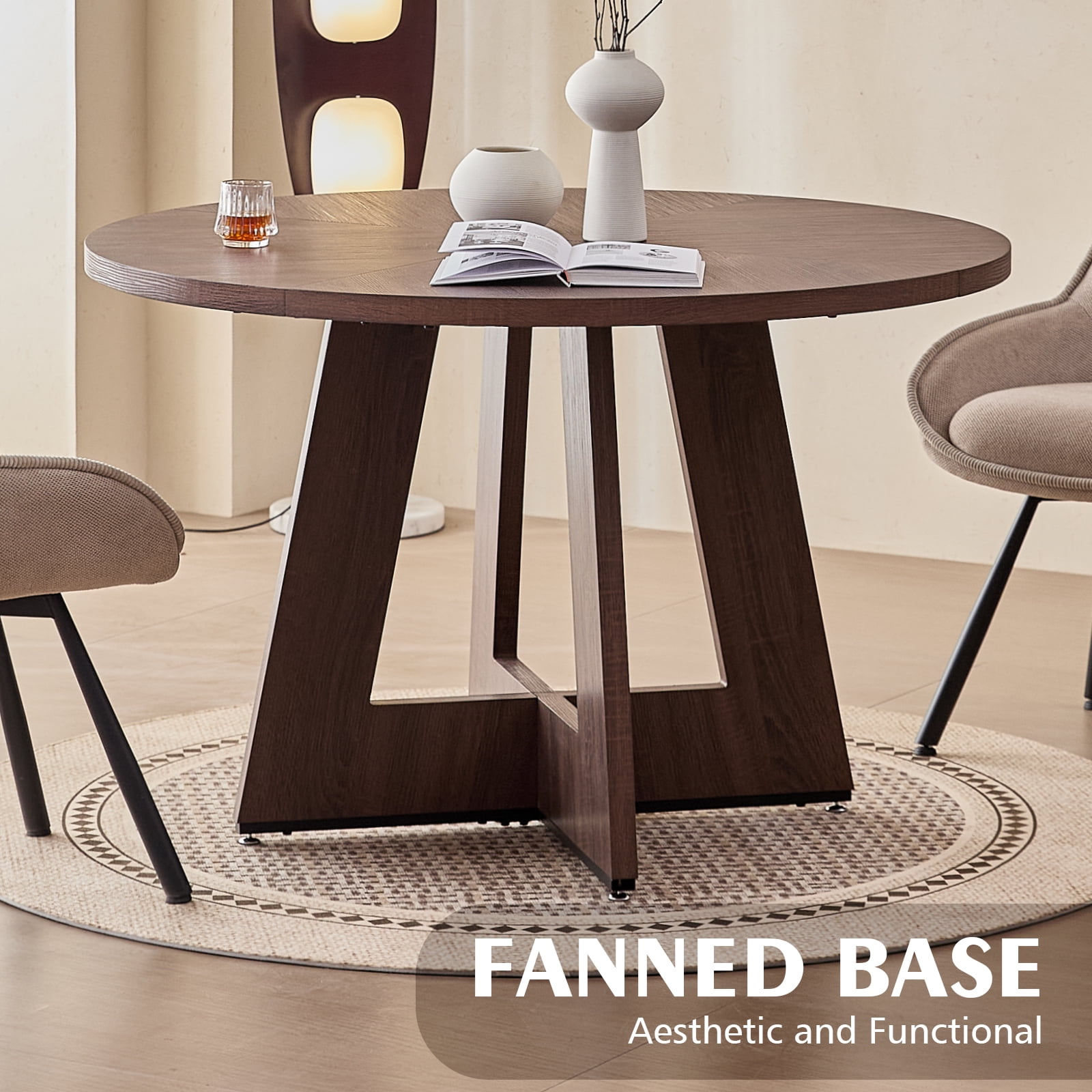 47" Round Dining Table for 4, Fanned Base, 1.38" Thick Top, Farmhouse Wood Kitchen Table for Dining Living Room Home, Walnut Color