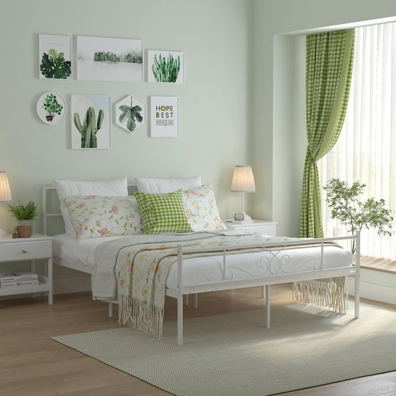 Cheerwing Queen Size Metal Bed Platform Frame Sturdy Mattress Foundation with Headboard for Adults,White