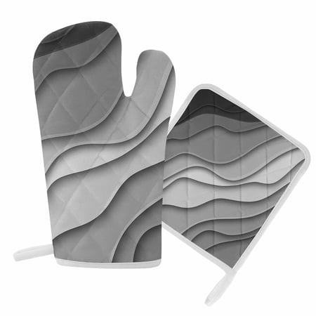 Oven Mitts and Pot Holder Set for Kitchen Grey Modern Geometric Kitchen Oven Gloves Heat Resistance Non-Slip Surface Potholders Gray Abstract Beach Hot Pads Sets for Cooking Baking Grilling BBQ