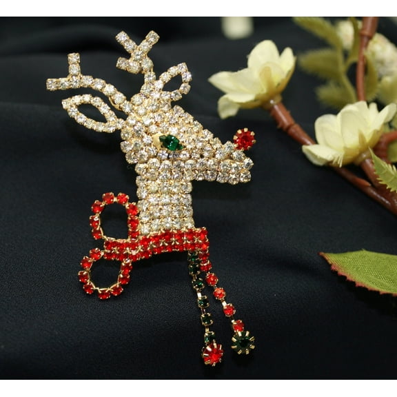 Dazzling Reindeer Christmas Jewelry Stones Brooch, Rhinestone Xmas Reindeer Rudolph Pin, Holiday Jewelry Gift