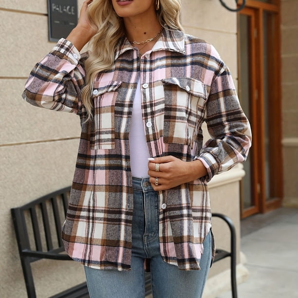 Puntoco Moda Mujer Cuadros Impresión Cárdigan Botón Abrigo Blusa Outwear Camisas Outwear Puntoco Puntoco-1