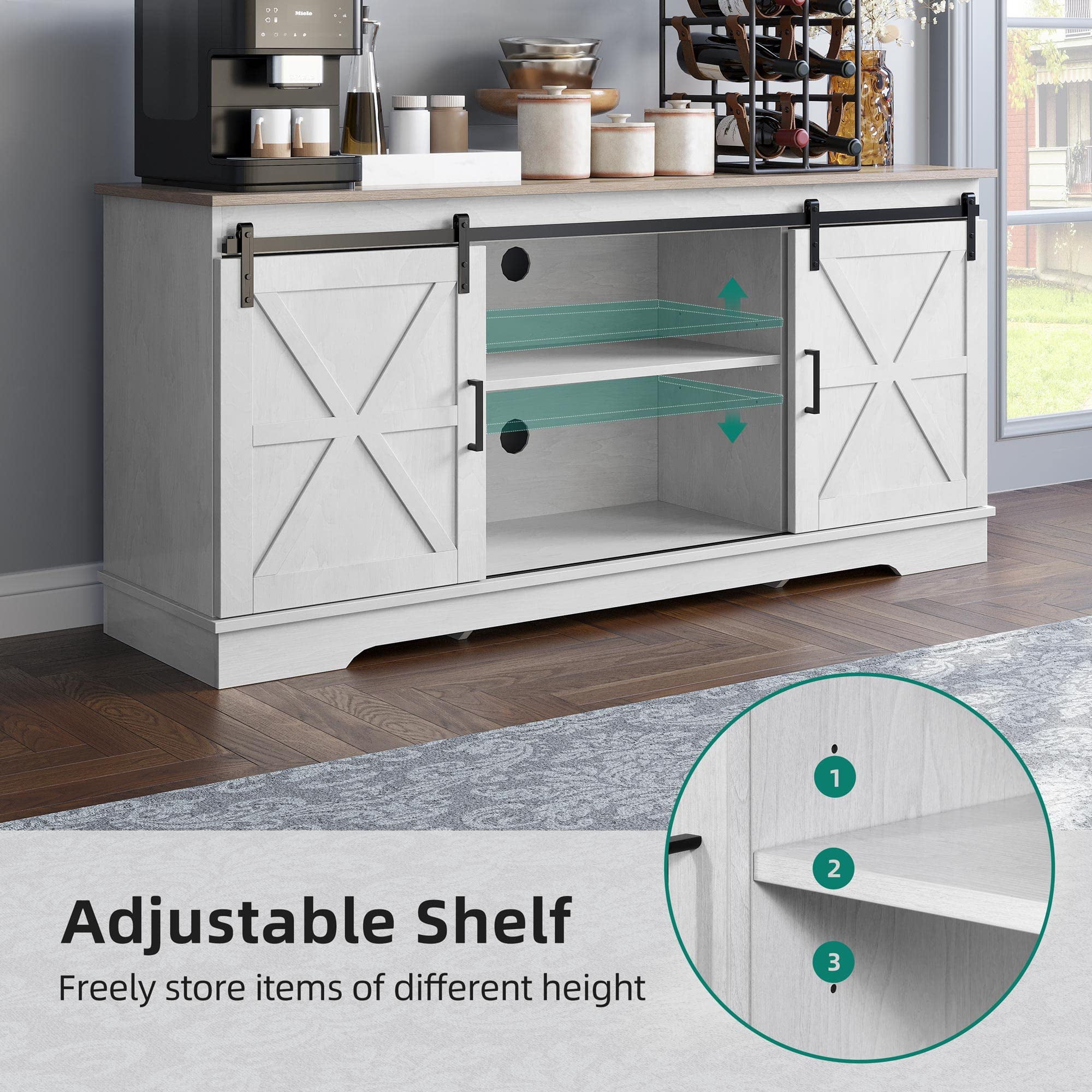 DEXTRUS Buffet Cabinet, 59" Farmhouse Coffee Bar Sideboard Storage Cabinet with Sliding Barn Doors for Kitchen, Living Room