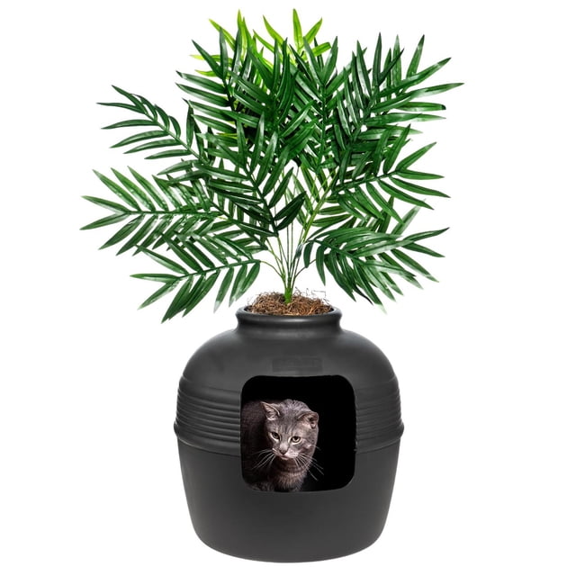 Caja de Arena Oculta Good Pet Stuff Gamuza Negra con Plantas Artificiales y Filtro de Olor para Gato