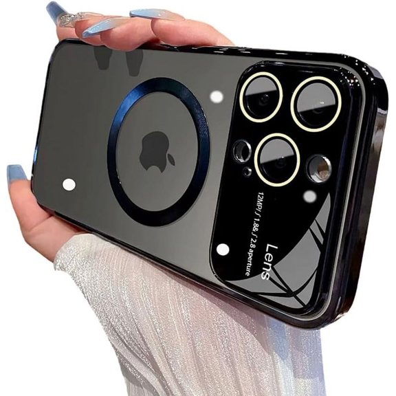 for iPhone Case,[Compatible with MagSafe] Luxury ElectroPlated Large Window Camera Lens Protection Clear Soft Shockproof Phone Case (Black,iPhone 12 Pro)