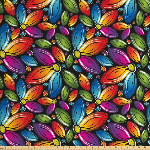 Floral Fabric by The Yard, Colorful Flowers with Half Petals Pattern