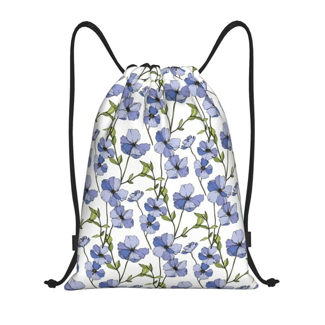 Saiise Blue Flax Flowers Pattern Sports Drawstring Backpack - String Swim Gym Bag with Wet Proof Pocket for Women&Men-Medium
